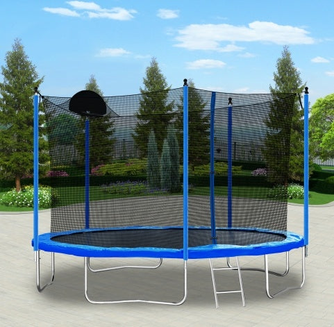 12FT Trampoline For Adults Kids With Basketball Hoop, Outdoor Trampolines W Ladder And Safety Enclosure Net For Kids And Adults