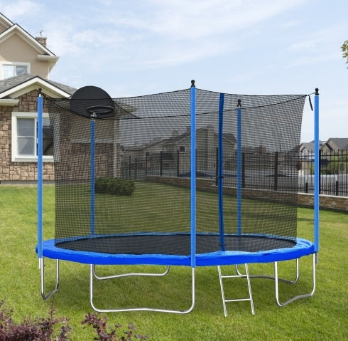 12FT Trampoline For Adults Kids With Basketball Hoop, Outdoor Trampolines W Ladder And Safety Enclosure Net For Kids And Adults