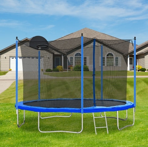 12FT Trampoline For Adults   Kids With Basketball Hoop, Outdoor Trampolines W Ladder And Safety Enclosure Net For Kids And Adults